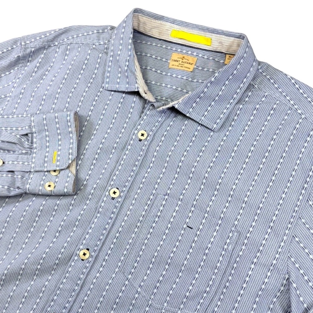 Tommy Bahama Jeans Mens XL Blue White Stripe Button Down Shirt Island Crafted
